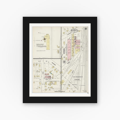 Old map wall art mockup — black gallery frame with white mat — Sanborn Fire Insurance Map from Michigan City, La Porte County, Indiana (1889), Sheet #0018