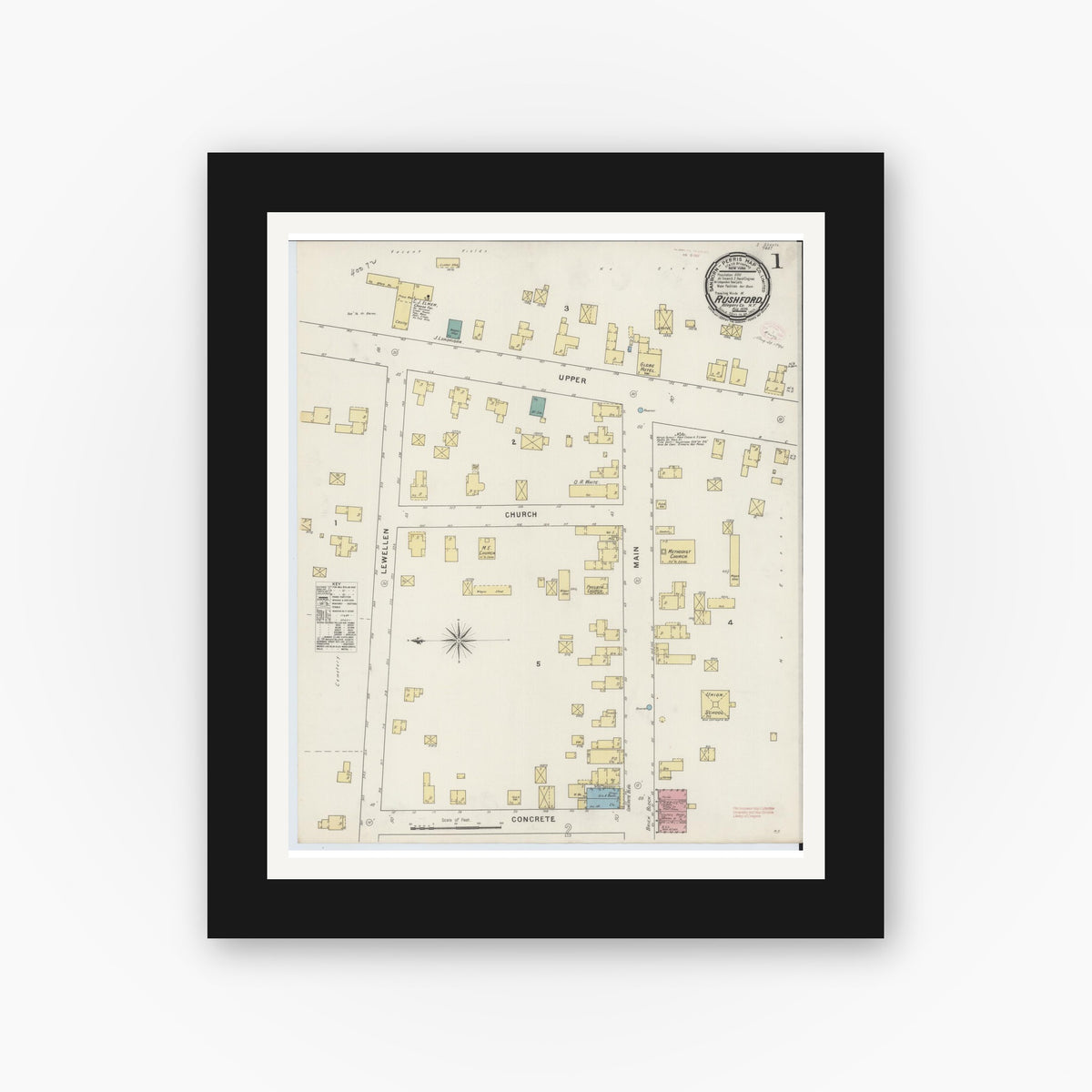 Old map wall art mockup — black gallery frame with white mat — Sanborn Fire Insurance Map from Rushford, Allegany County, New York (1894) - Complete Map Set