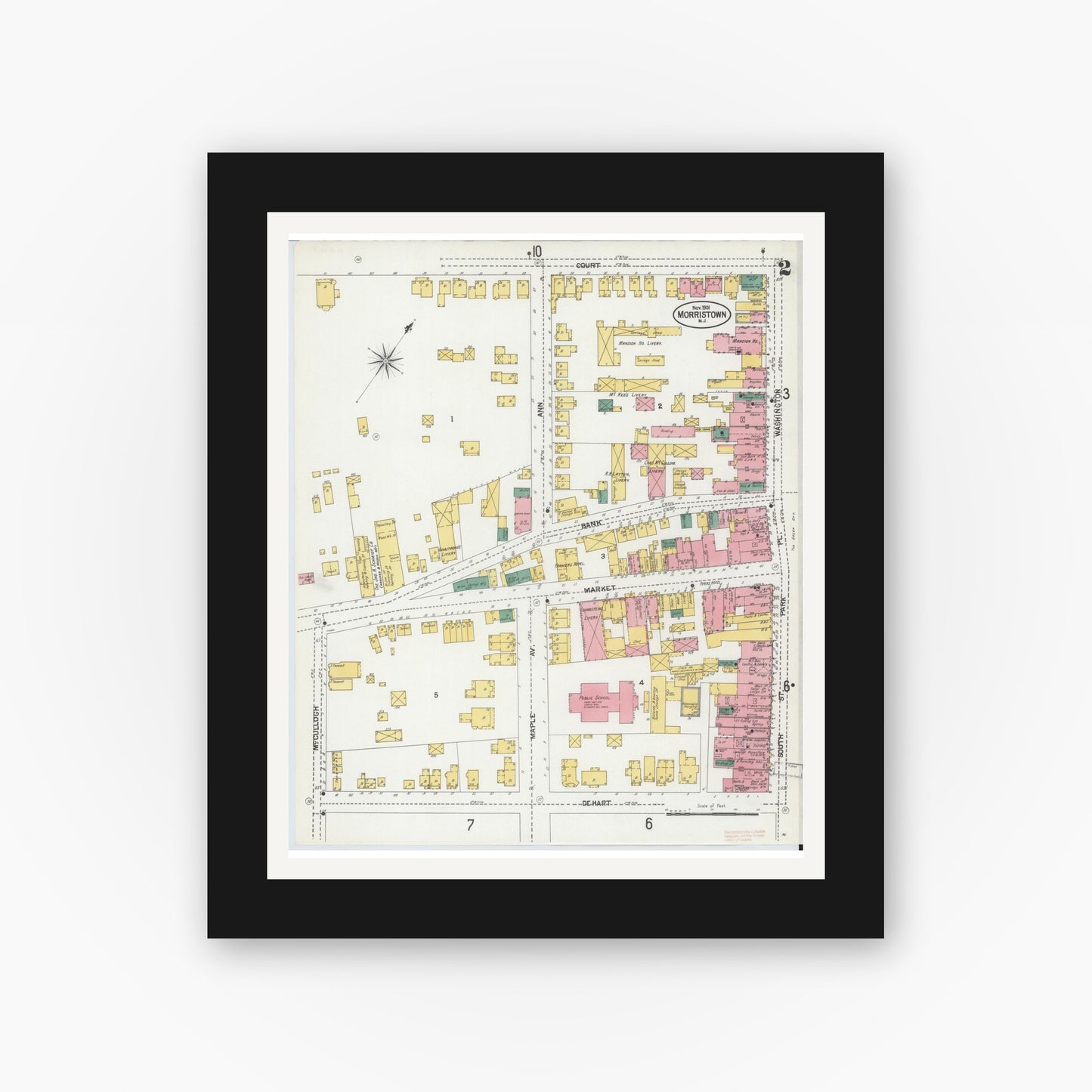 Old map wall art mockup — black gallery frame with white mat — Sanborn Fire Insurance Map from Morristown, Morris County, New Jersey (1901) - Complete Map Set