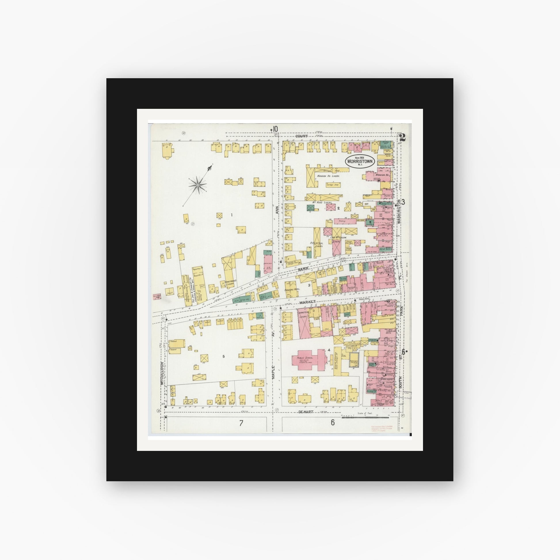 Old map wall art mockup — black gallery frame with white mat — Sanborn Fire Insurance Map from Morristown, Morris County, New Jersey (1901) - Complete Map Set