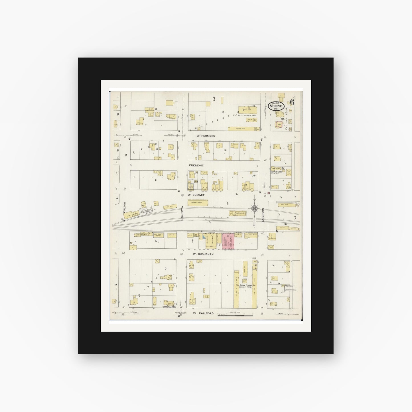 Old map wall art mockup — black gallery frame with white mat — Sanborn Fire Insurance Map from Monroe, Green County, Wisconsin (1915), Sheet #0006