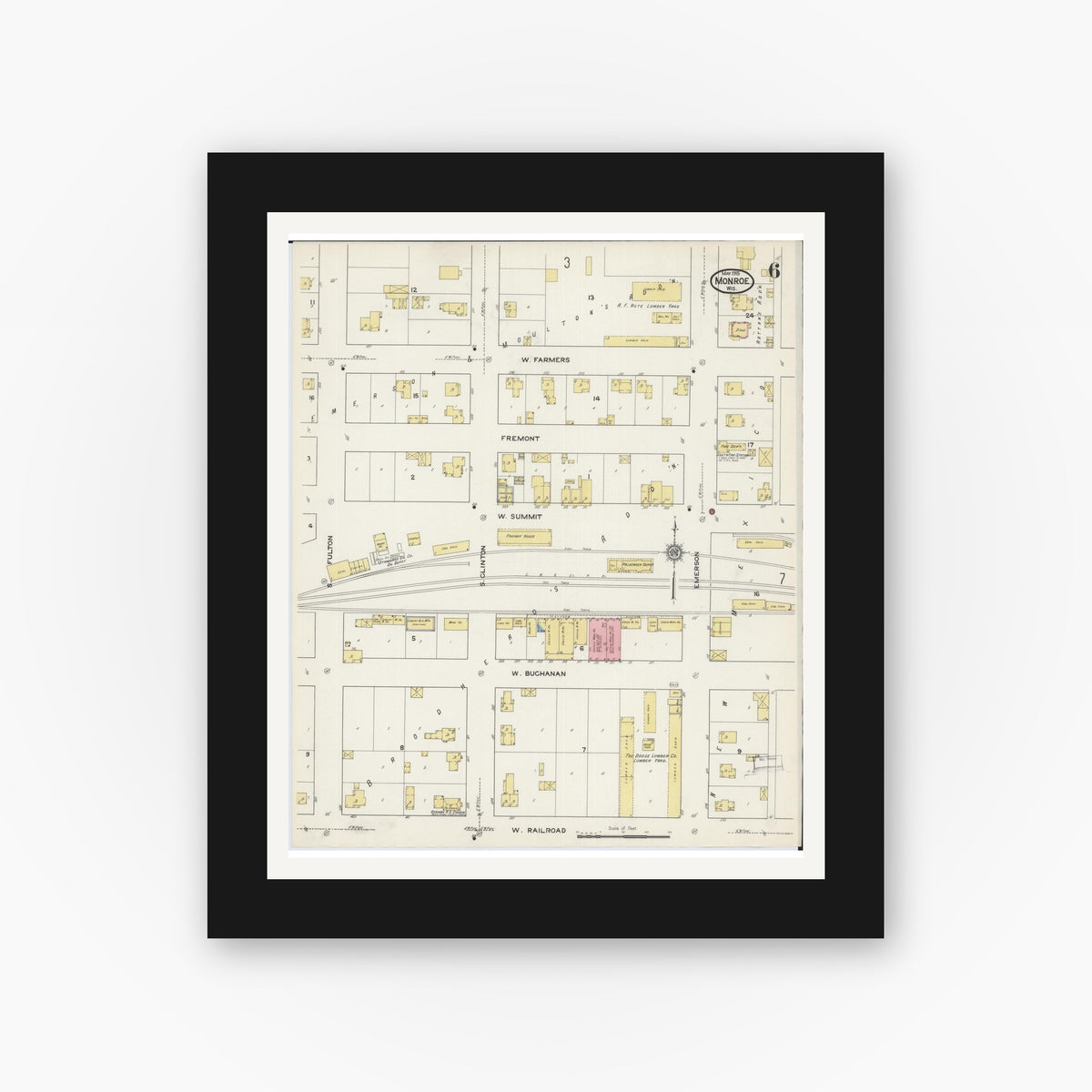 Old map wall art mockup — black gallery frame with white mat — Sanborn Fire Insurance Map from Monroe, Green County, Wisconsin (1915), Sheet #0006