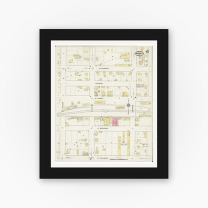 Old map wall art mockup — black gallery frame with white mat — Sanborn Fire Insurance Map from Monroe, Green County, Wisconsin (1915), Sheet #0006