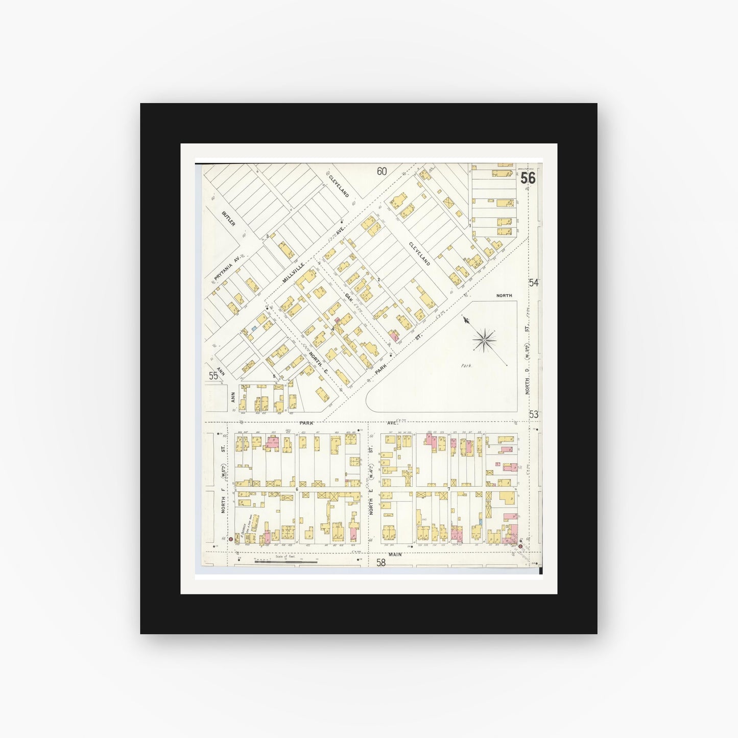 Old map wall art mockup — black gallery frame with white mat — Sanborn Fire Insurance Map from Hamilton, Butler County, Ohio (1899), Sheet #0056