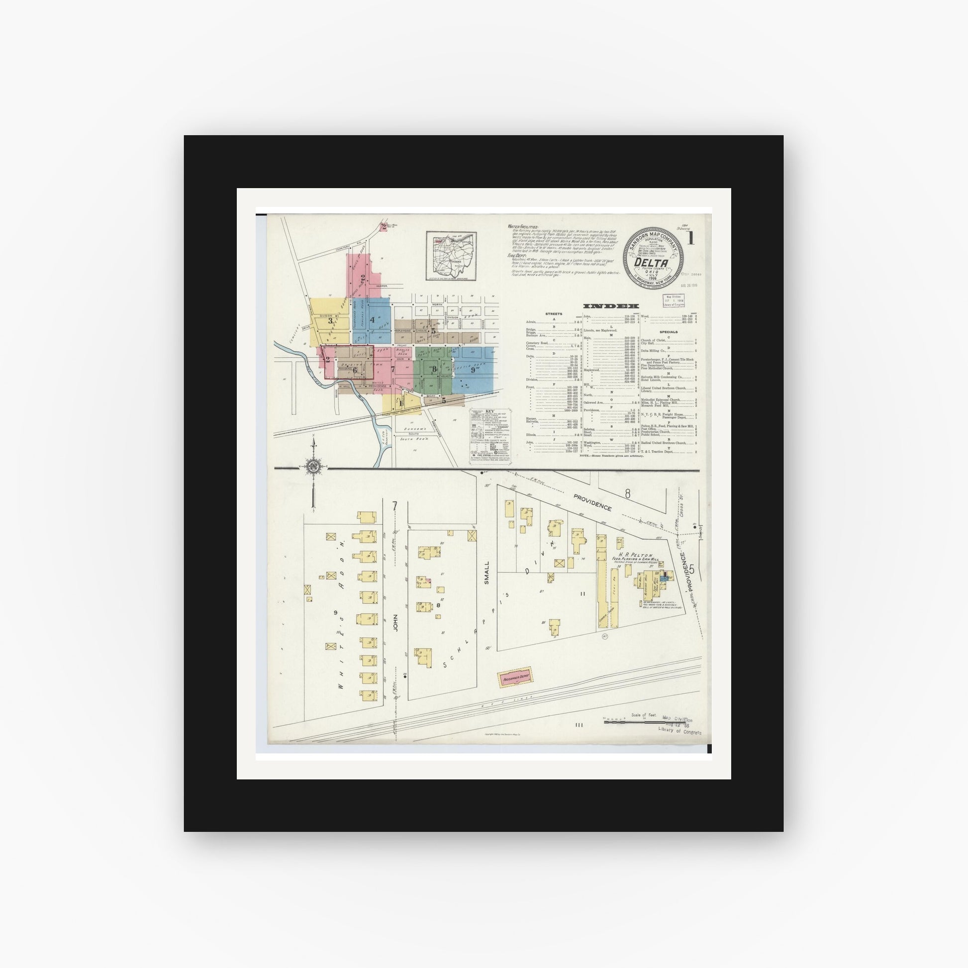 Old map wall art mockup — black gallery frame with white mat — Sanborn Fire Insurance Map from Delta, Fulton County, Ohio (1916) - Complete Map Set
