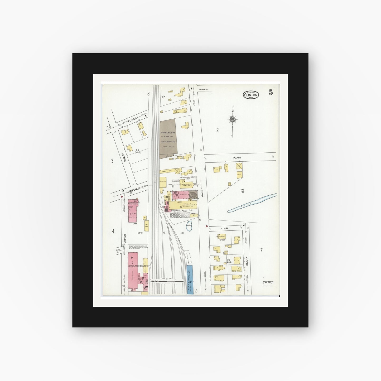 Old map wall art mockup — black gallery frame with white mat — Sanborn Fire Insurance Map from Clinton, Worcester County, Massachusetts (1919), Sheet #0005