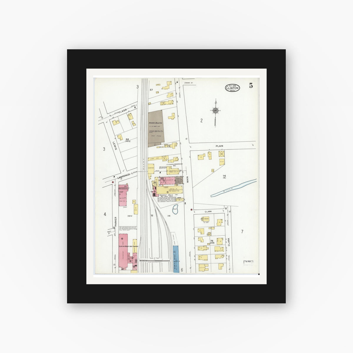 Old map wall art mockup — black gallery frame with white mat — Sanborn Fire Insurance Map from Clinton, Worcester County, Massachusetts (1919), Sheet #0005