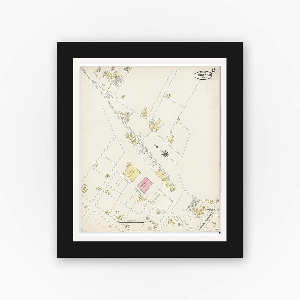 Old map wall art mockup — black gallery frame with white mat — Sanborn Fire Insurance Map from Henderson, Rusk County, Texas (1890), Sheet #0002