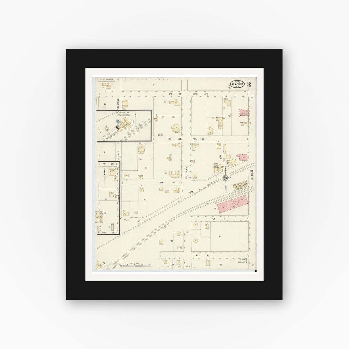 Old map wall art mockup — black gallery frame with white mat — Sanborn Fire Insurance Map from Alachua, Alachua County, Florida (1912), Sheet #0003
