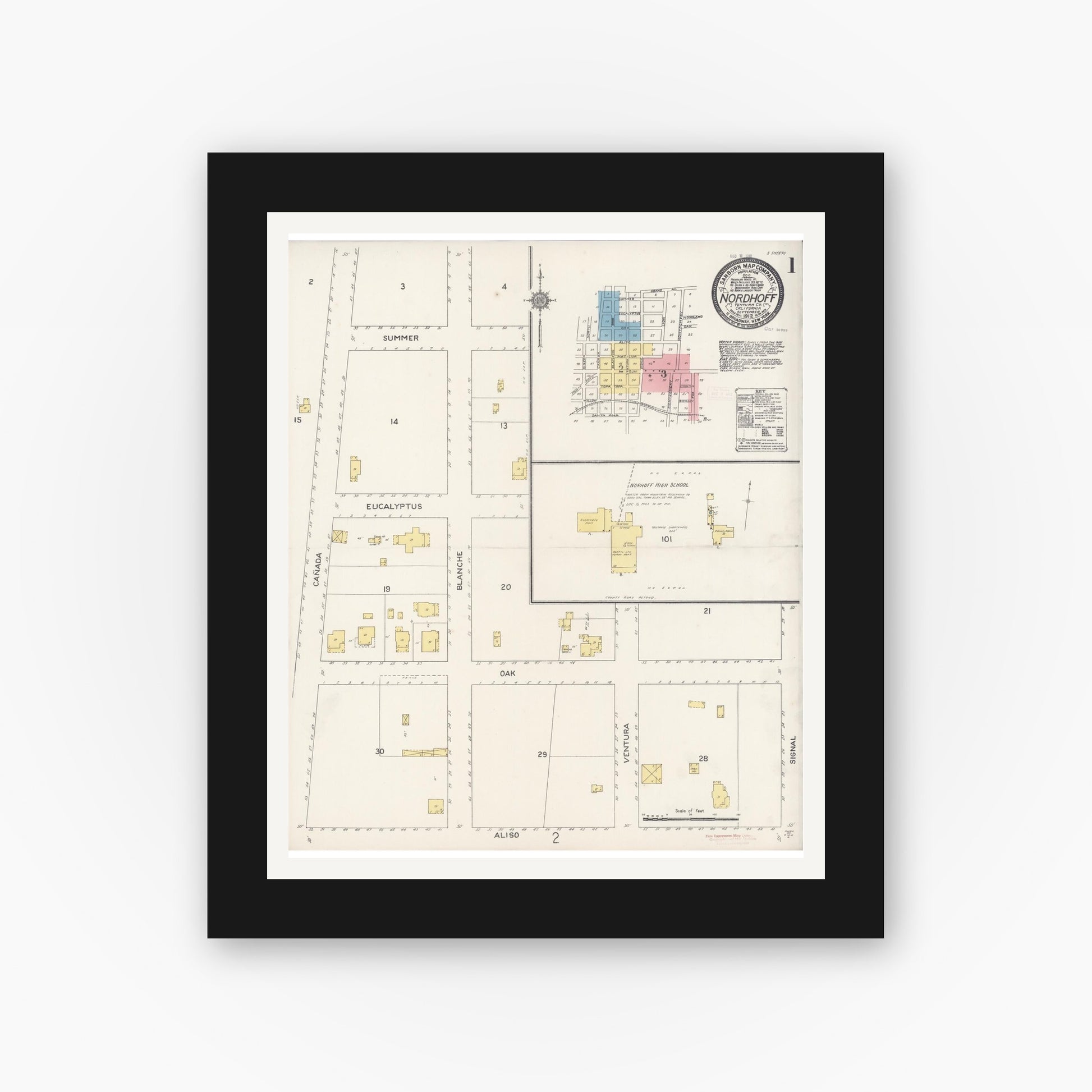 Old map wall art mockup — black gallery frame with white mat — Sanborn Fire Insurance Map from Nordhoff, Ventura County, California (1912) - Complete Map Set
