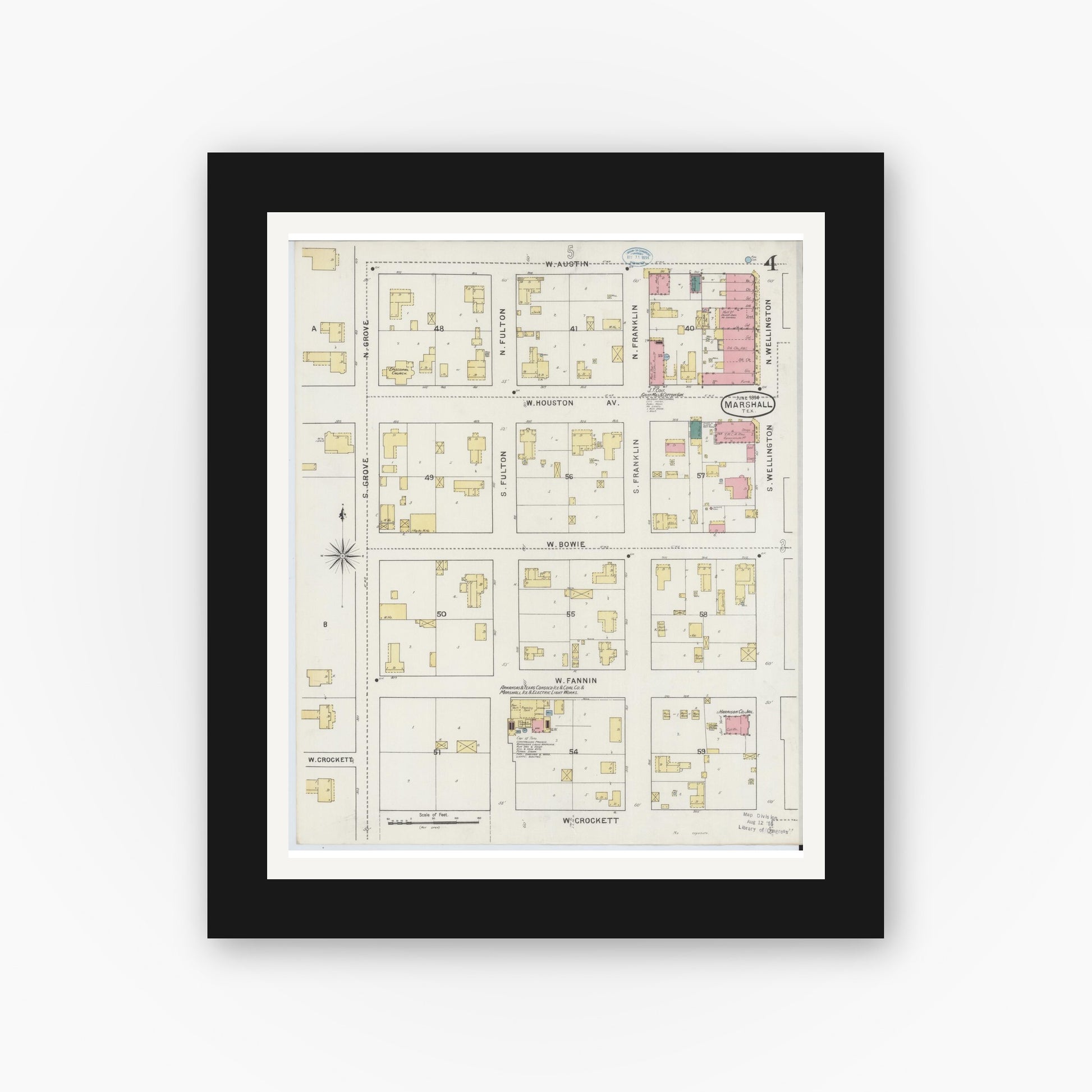 Old map wall art mockup — black gallery frame with white mat — Sanborn Fire Insurance Map from Marshall, Harrison County, Texas (1894), Sheet #0004