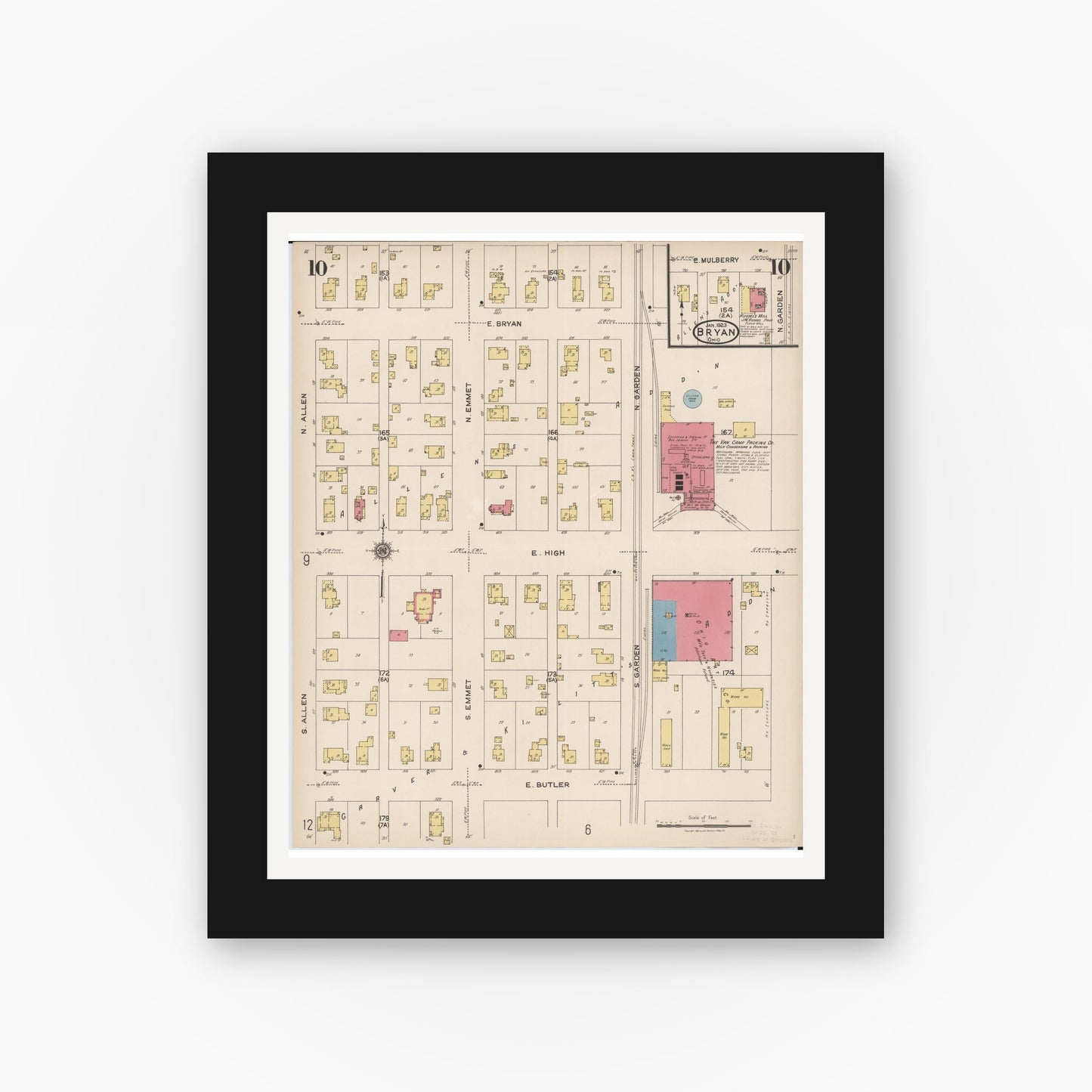 Old map wall art mockup — black gallery frame with white mat — Sanborn Fire Insurance Map from Bryan, Williams County, Ohio (1923), Sheet #0010