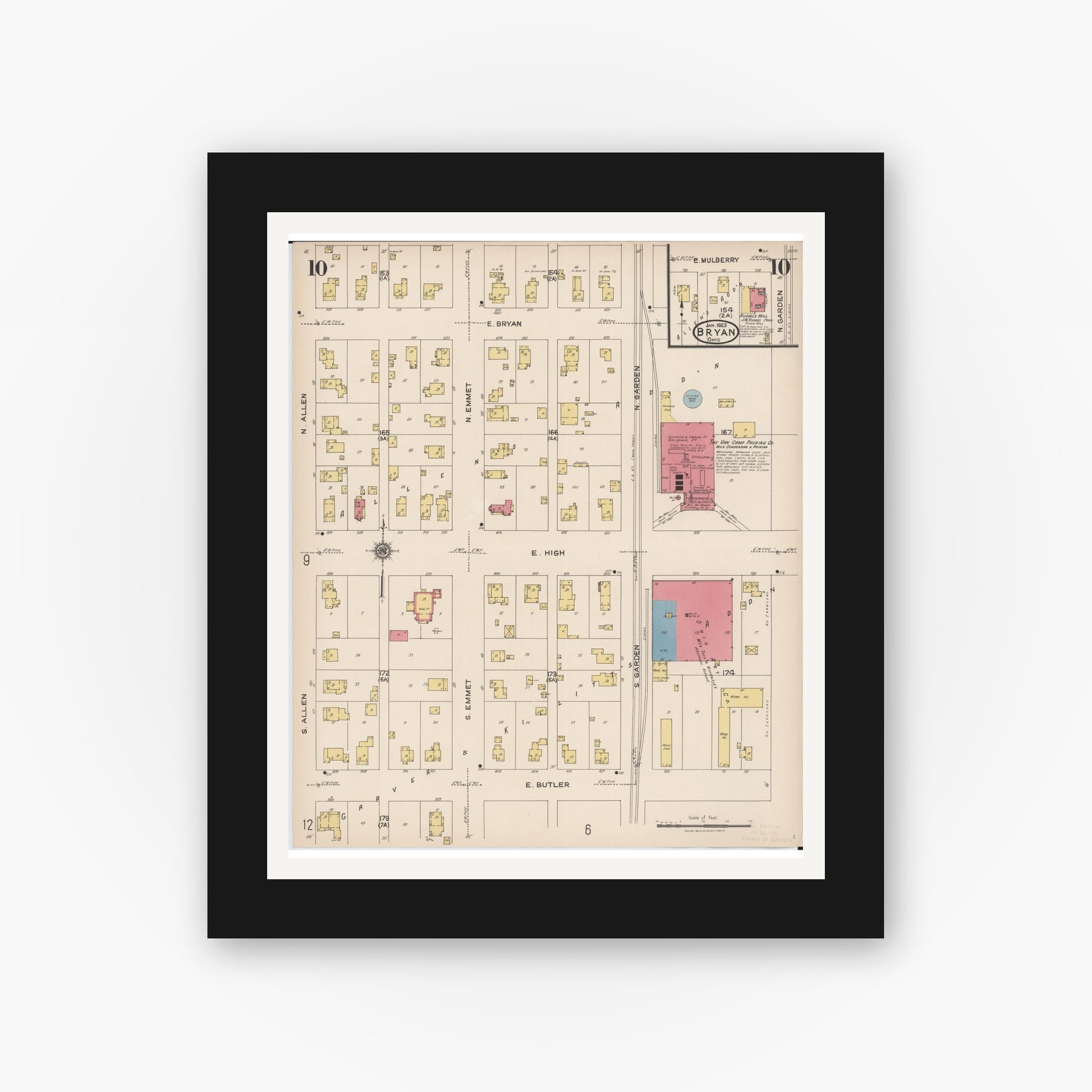 Old map wall art mockup — black gallery frame with white mat — Sanborn Fire Insurance Map from Bryan, Williams County, Ohio (1923), Sheet #0010