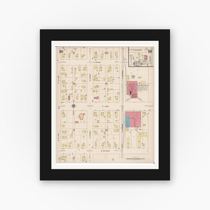 Old map wall art mockup — black gallery frame with white mat — Sanborn Fire Insurance Map from Bryan, Williams County, Ohio (1923), Sheet #0010