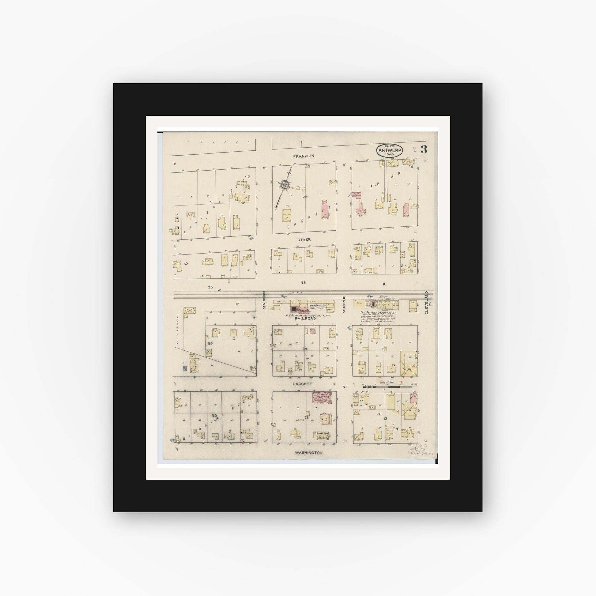 Old map wall art mockup — black gallery frame with white mat — Sanborn Fire Insurance Map from Antwerp, Paulding County, Ohio (1915), Sheet #0003