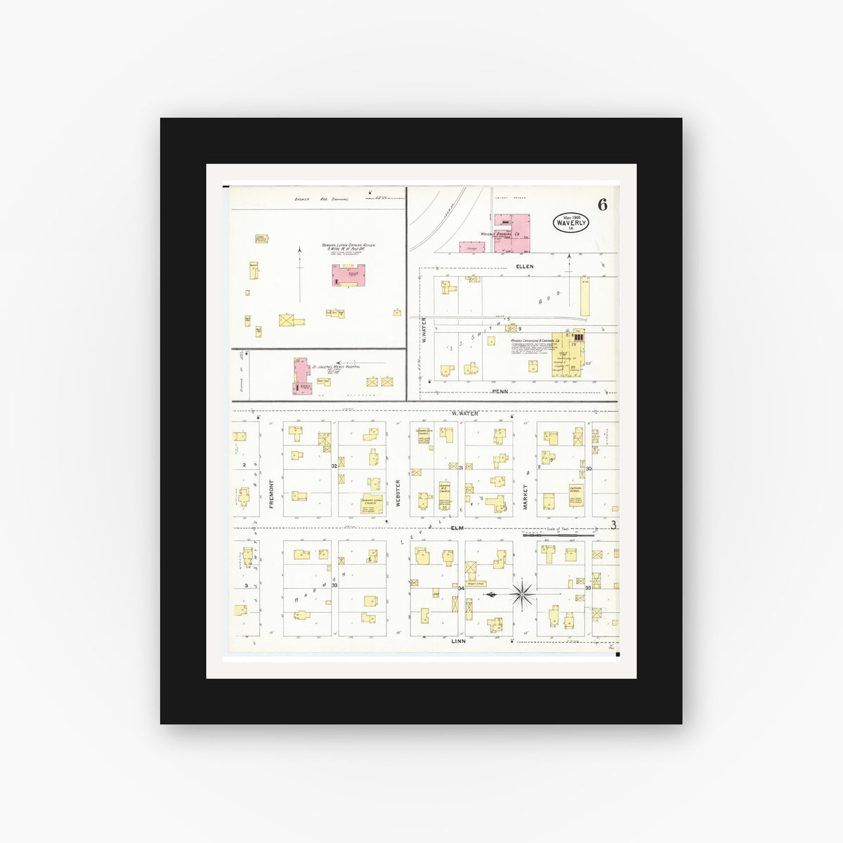 Old map wall art mockup — black gallery frame with white mat — Sanborn Fire Insurance Map from Waverly, Bremer County, Iowa (1905), Sheet #0006