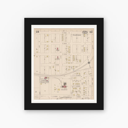 Old map wall art mockup — black gallery frame with white mat — Sanborn Fire Insurance Map from Temple, Bell County, Texas (1922), Sheet #0024
