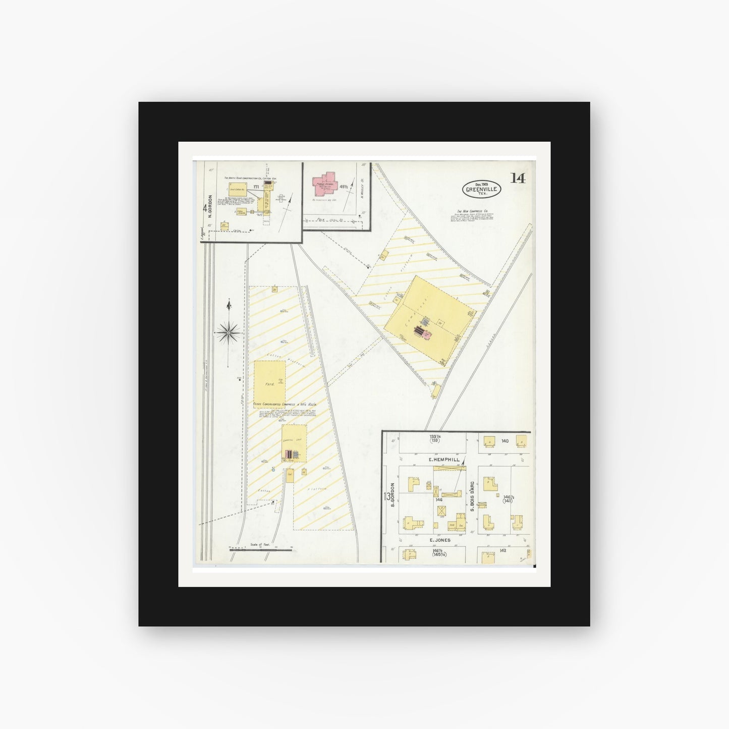 Old map wall art mockup — black gallery frame with white mat — Sanborn Fire Insurance Map from Greenville, Hunt County, Texas (1903), Sheet #0014