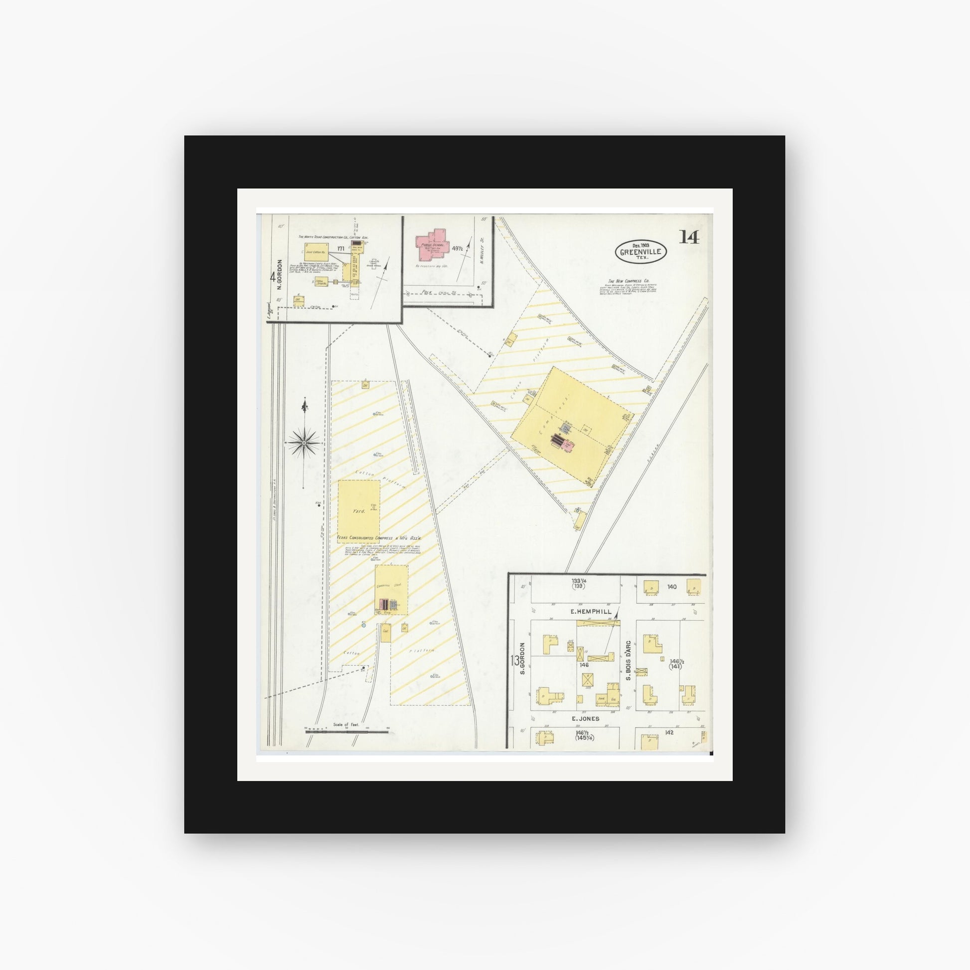 Old map wall art mockup — black gallery frame with white mat — Sanborn Fire Insurance Map from Greenville, Hunt County, Texas (1903), Sheet #0014