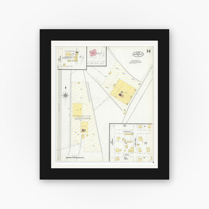 Old map wall art mockup — black gallery frame with white mat — Sanborn Fire Insurance Map from Greenville, Hunt County, Texas (1903), Sheet #0014