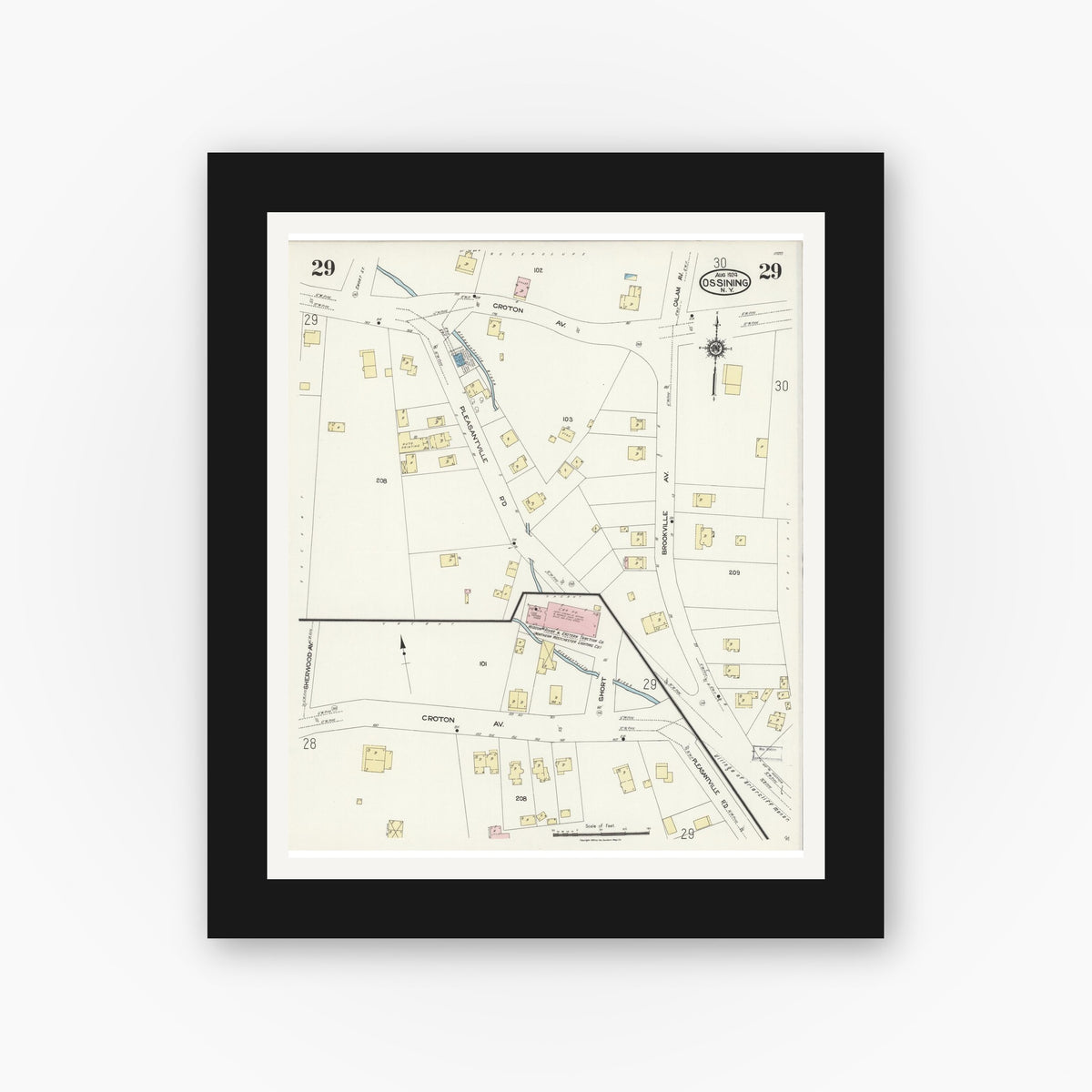 Old map wall art mockup — black gallery frame with white mat — Sanborn Fire Insurance Map from Ossining, Westchester County, New York (1924), Sheet #0029