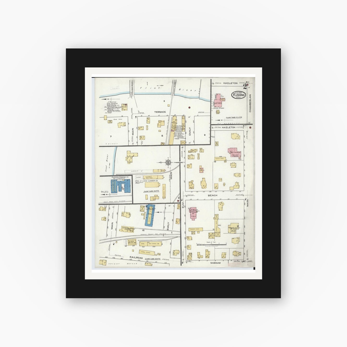 Old map wall art mockup — black gallery frame with white mat — Sanborn Fire Insurance Map from Flushing, Genesee County, Michigan (1920), Sheet #0002