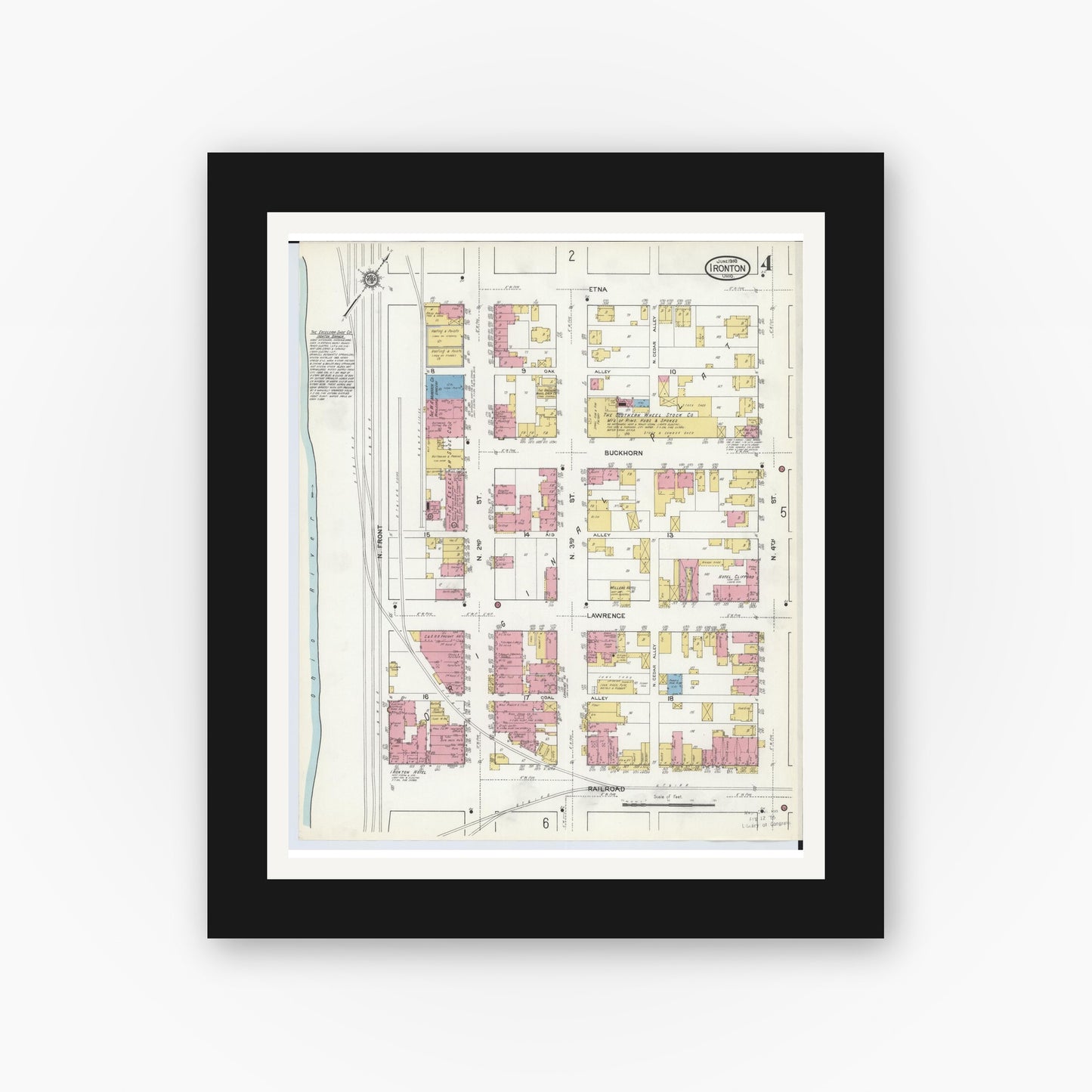 Old map wall art mockup — black gallery frame with white mat — Sanborn Fire Insurance Map from Ironton, Lawrence County, Ohio (1916), Sheet #0004