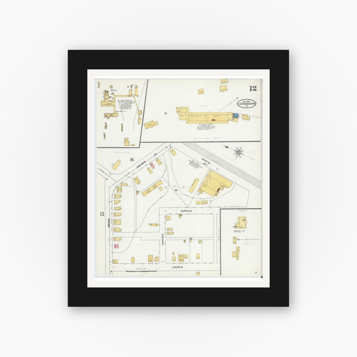 Old map wall art mockup — black gallery frame with white mat — Sanborn Fire Insurance Map from Stroudsburg, Monroe County, Pennsylvania (1905), Sheet #0012