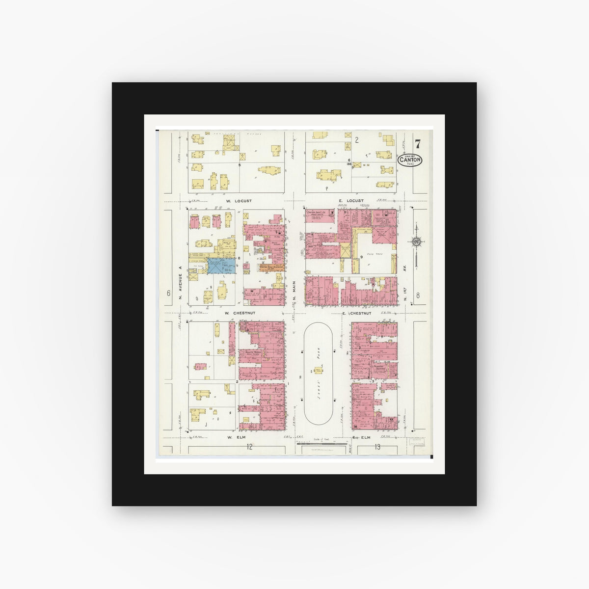 Old map wall art mockup — black gallery frame with white mat — Sanborn Fire Insurance Map from Canton, Fulton County, Illinois (1917), Sheet #0007