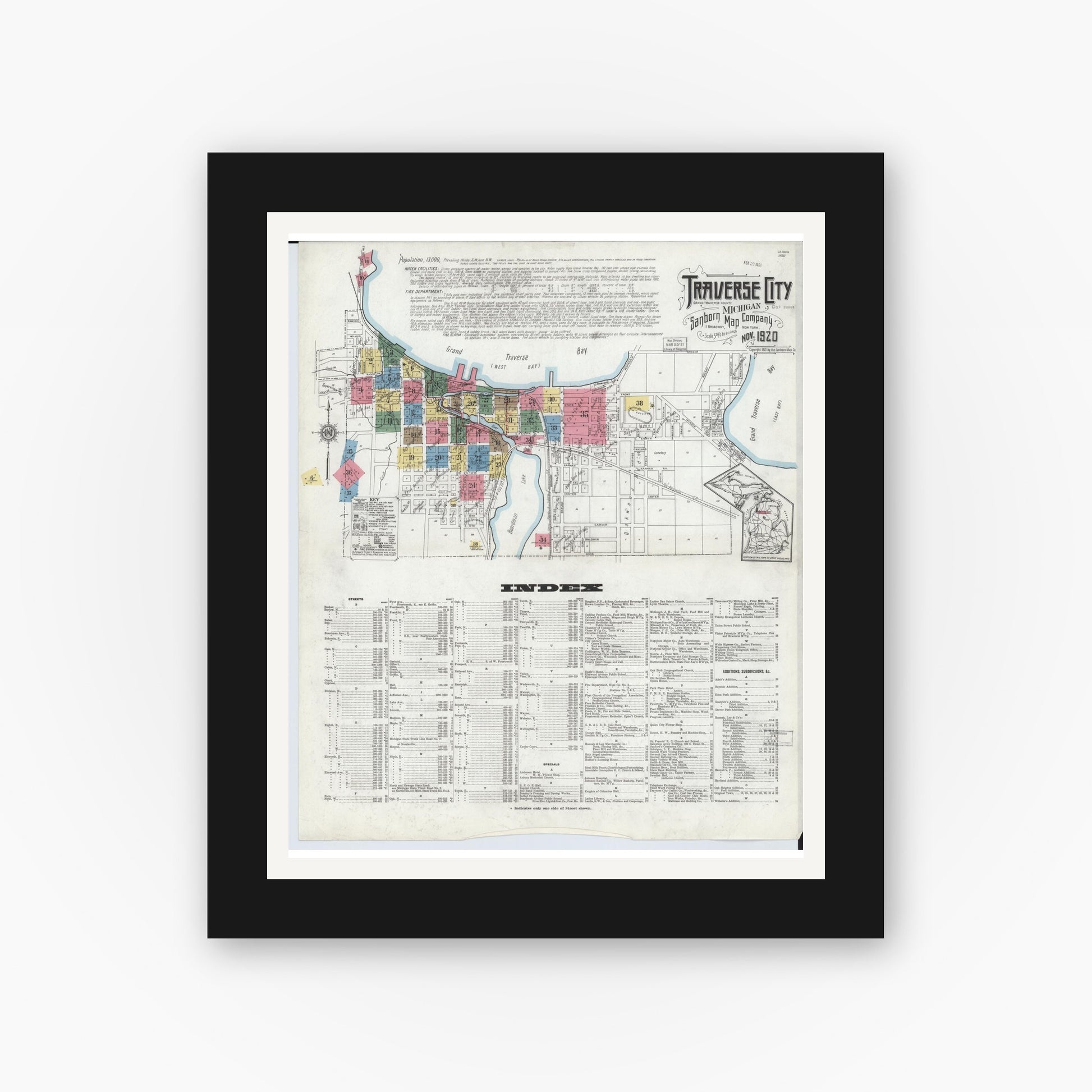 Old map wall art mockup — black gallery frame with white mat — Sanborn Fire Insurance Map from Traverse City, Grand Traverse County, Michigan (1920) - Complete Map Set