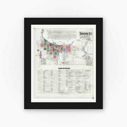 Old map wall art mockup — black gallery frame with white mat — Sanborn Fire Insurance Map from Traverse City, Grand Traverse County, Michigan (1920) - Complete Map Set