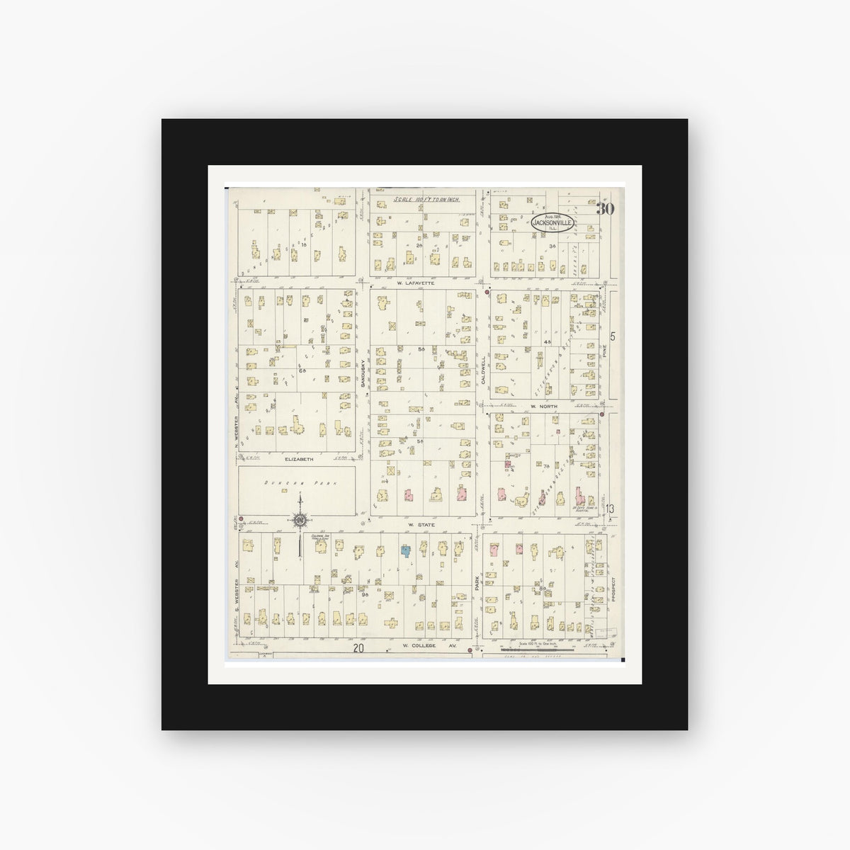 Old map wall art mockup — black gallery frame with white mat — Sanborn Fire Insurance Map from Jacksonville, Morgan County, Illinois (1914), Sheet #0030