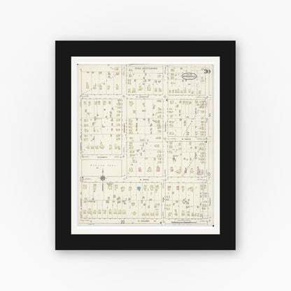 Old map wall art mockup — black gallery frame with white mat — Sanborn Fire Insurance Map from Jacksonville, Morgan County, Illinois (1914), Sheet #0030