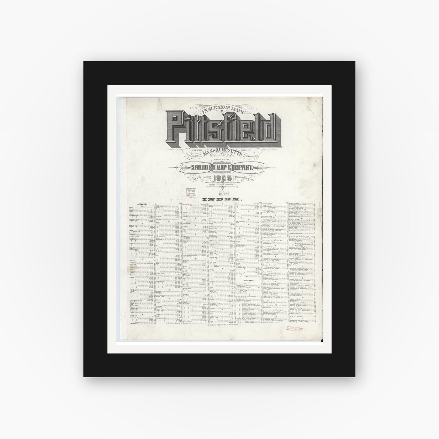 Old map wall art mockup — black gallery frame with white mat — Sanborn Fire Insurance Map from Pittsfield, Berkshire County, Massachusetts (1905), Sheet #0001