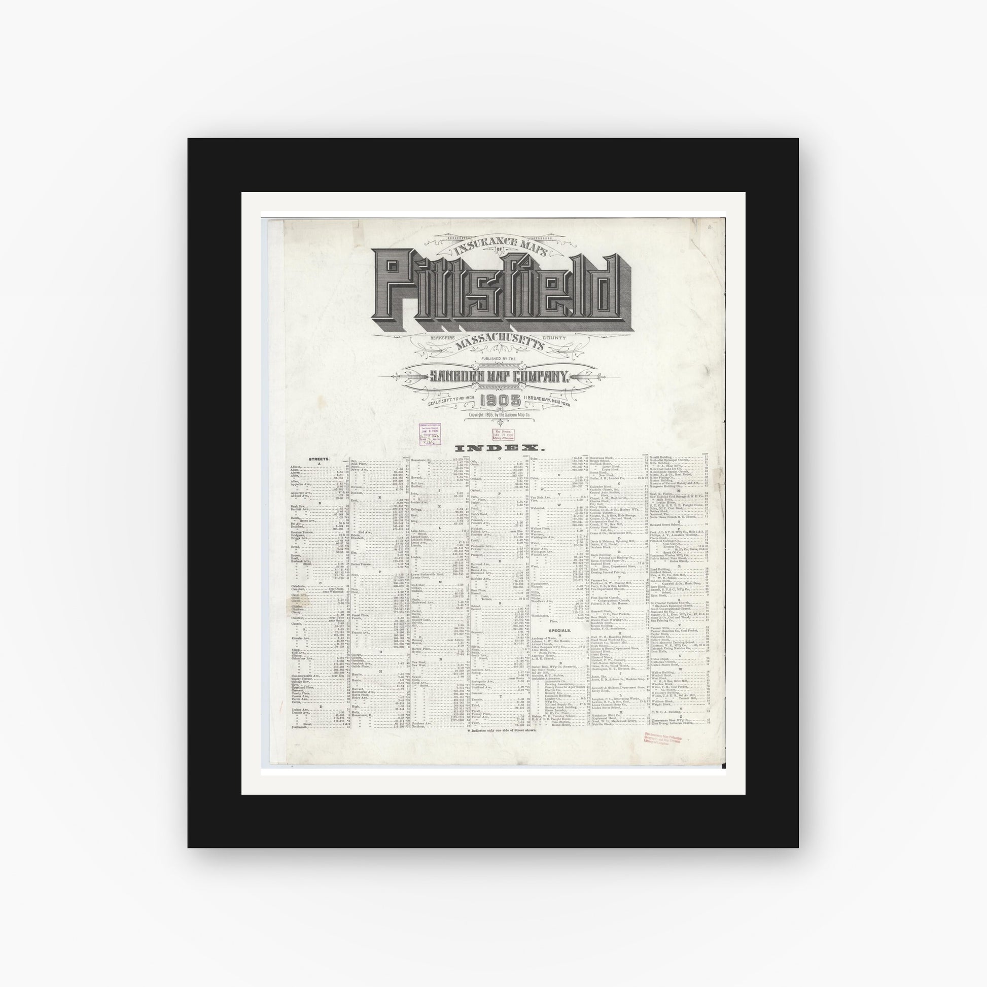 Old map wall art mockup — black gallery frame with white mat — Sanborn Fire Insurance Map from Pittsfield, Berkshire County, Massachusetts (1905), Sheet #0001