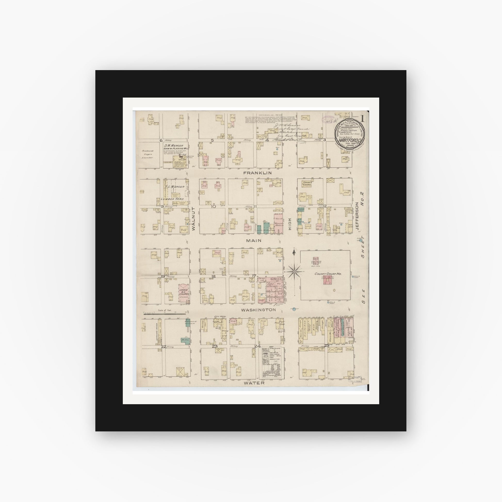 Old map wall art mockup — black gallery frame with white mat — Sanborn Fire Insurance Map from Hartford City, Blackford County, Indiana (1886) - Complete Map Set