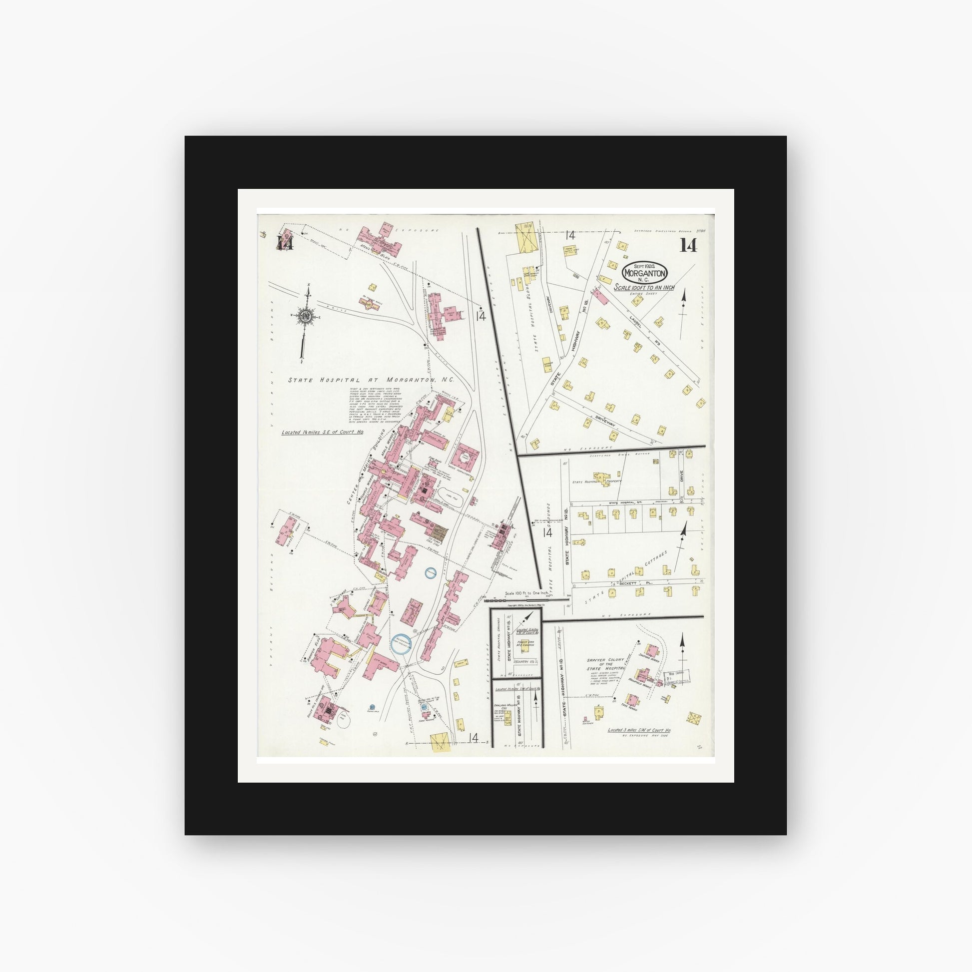 Old map wall art mockup — black gallery frame with white mat — Sanborn Fire Insurance Map from Morganton, Burke County, North Carolina (1924), Sheet #0014