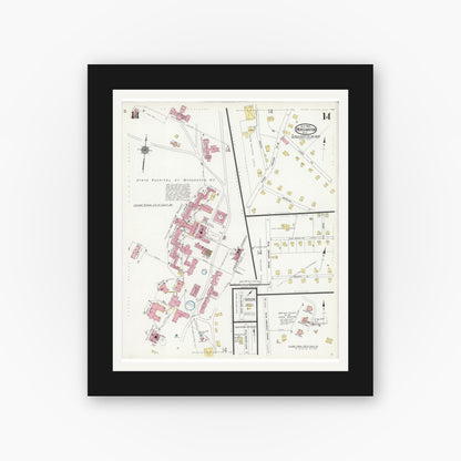 Old map wall art mockup — black gallery frame with white mat — Sanborn Fire Insurance Map from Morganton, Burke County, North Carolina (1924), Sheet #0014