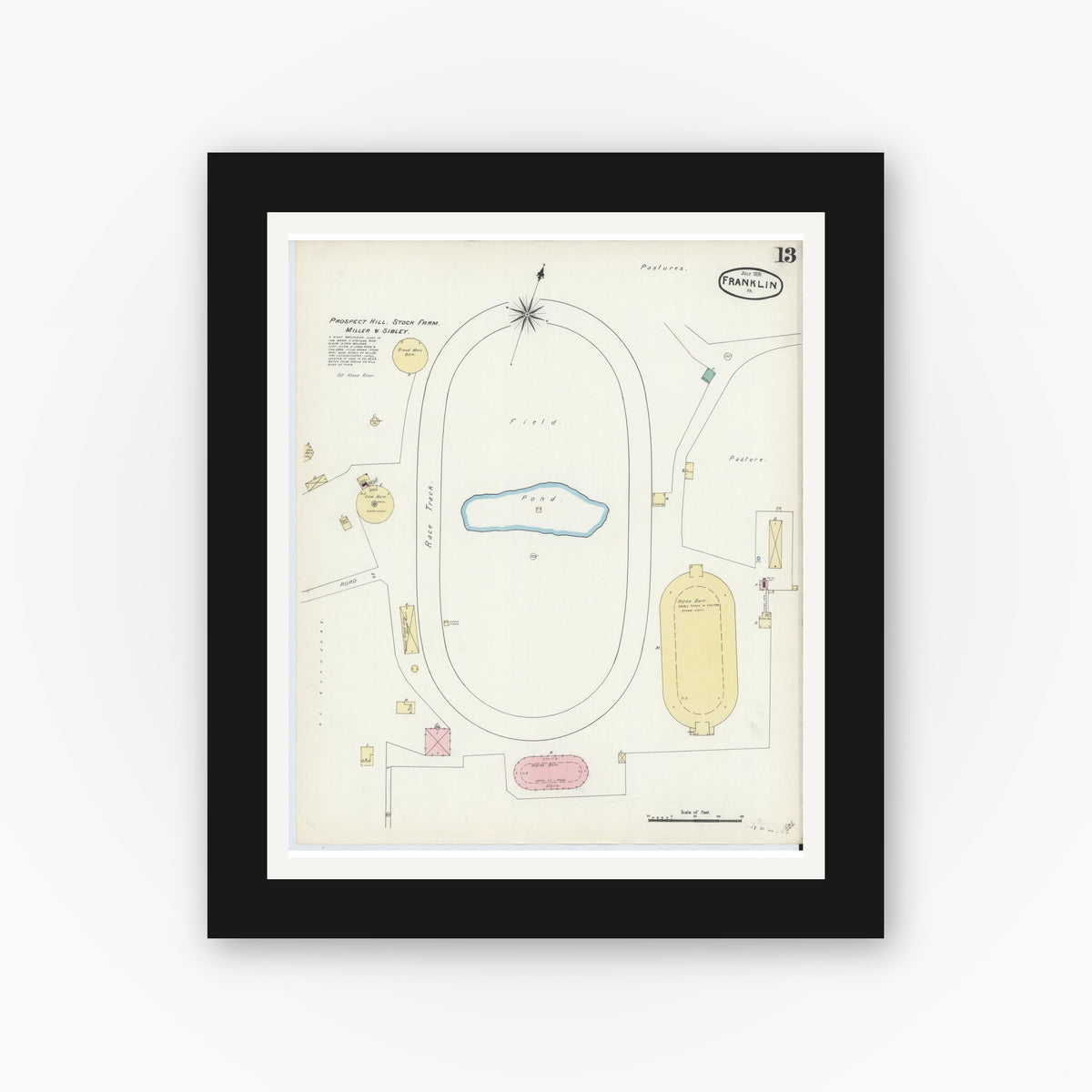 Old map wall art mockup — black gallery frame with white mat — Sanborn Fire Insurance Map from Franklin, Venango County, Pennsylvania (1891), Sheet #0013