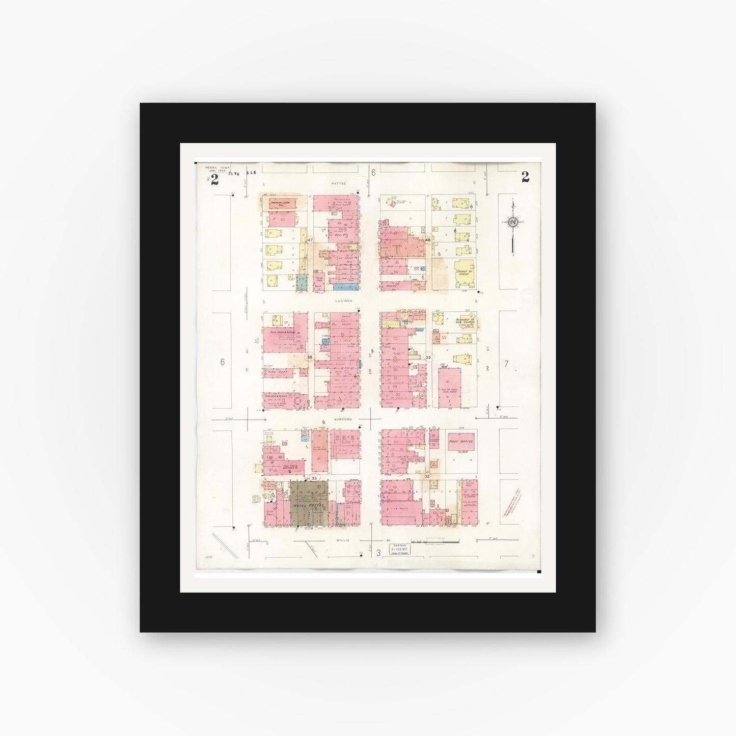 Old map wall art mockup — black gallery frame with white mat — Sanborn Fire Insurance Map from Perry, Dallas County, Iowa (1947), Sheet #0002