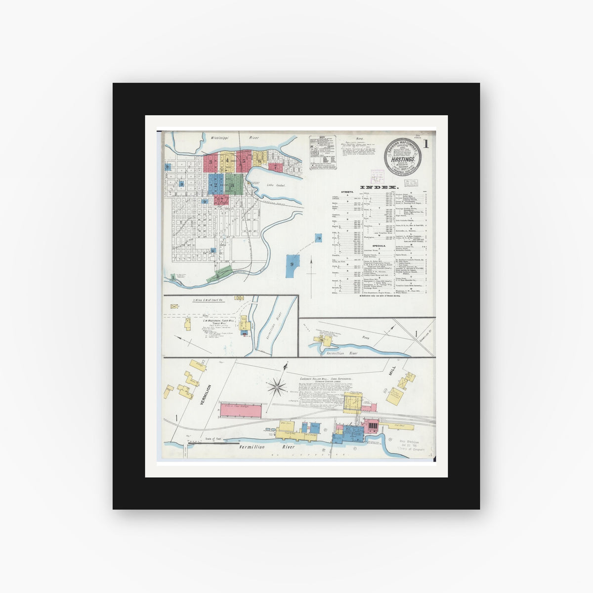 Old map wall art mockup — black gallery frame with white mat — Sanborn Fire Insurance Map from Hastings, Dakota County, Minnesota (1904) - Complete Map Set