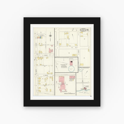 Old map wall art mockup — black gallery frame with white mat — Sanborn Fire Insurance Map from Blairsville, Indiana County, Pennsylvania (1915), Sheet #0009