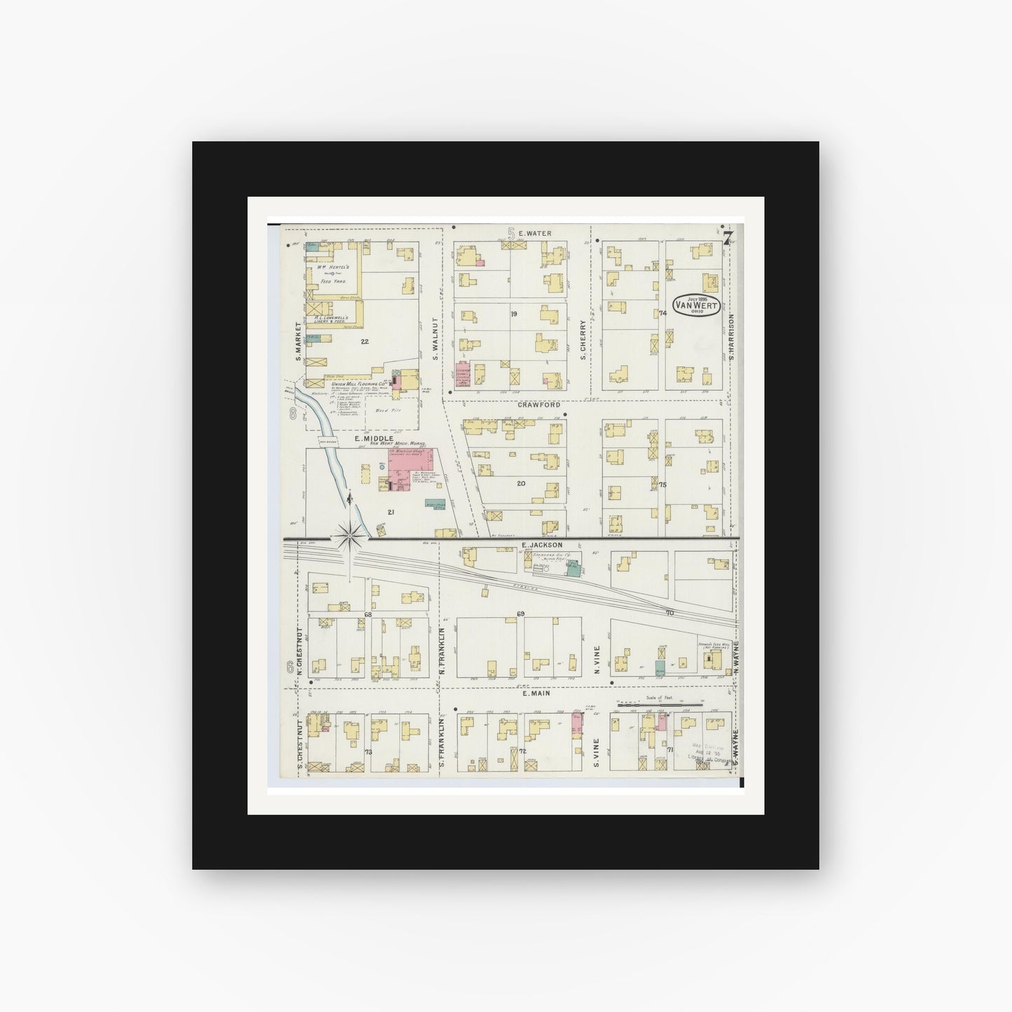 Old map wall art mockup — black gallery frame with white mat — Sanborn Fire Insurance Map from Van Wert, Van Wert County, Ohio (1895), Sheet #0007