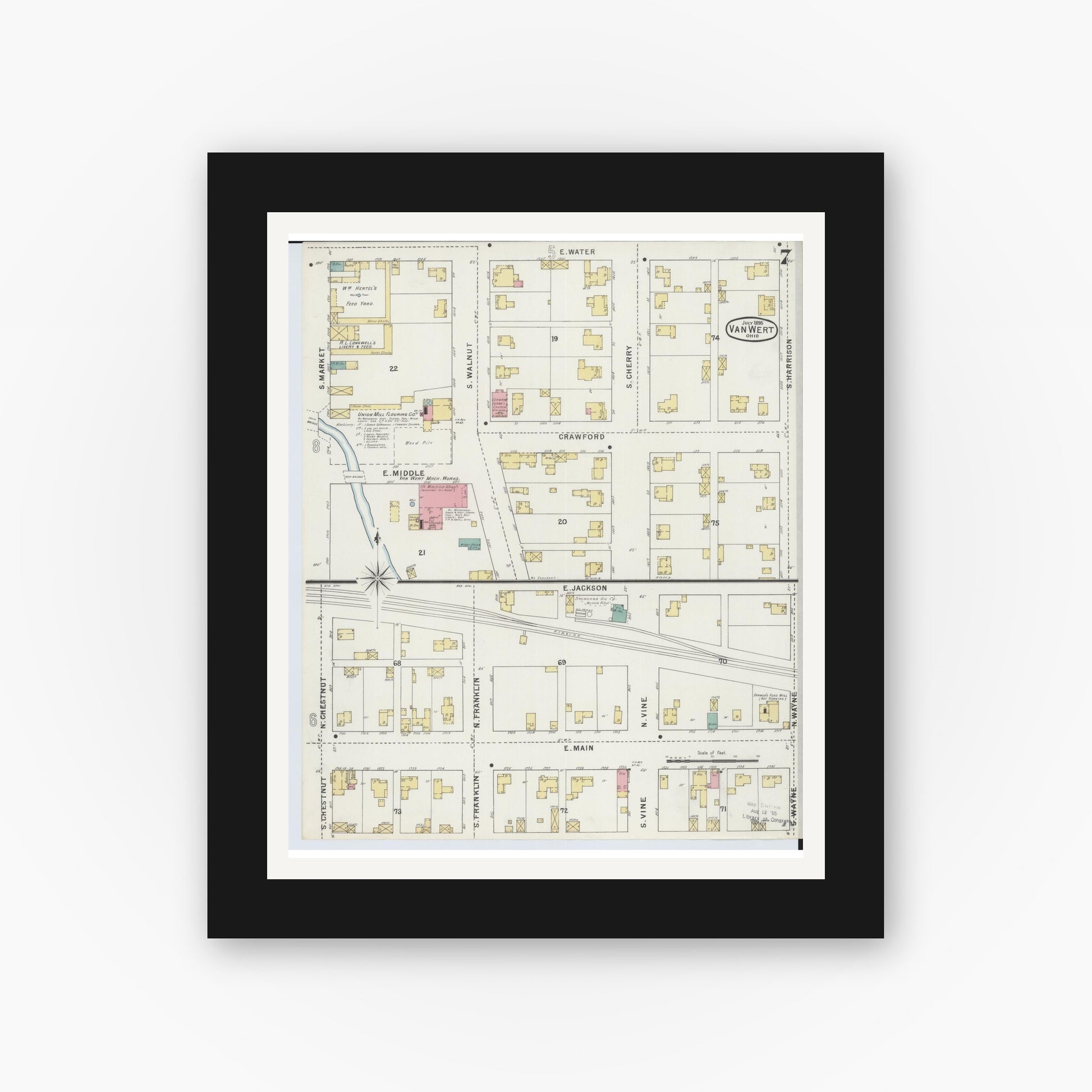 Old map wall art mockup — black gallery frame with white mat — Sanborn Fire Insurance Map from Van Wert, Van Wert County, Ohio (1895), Sheet #0007