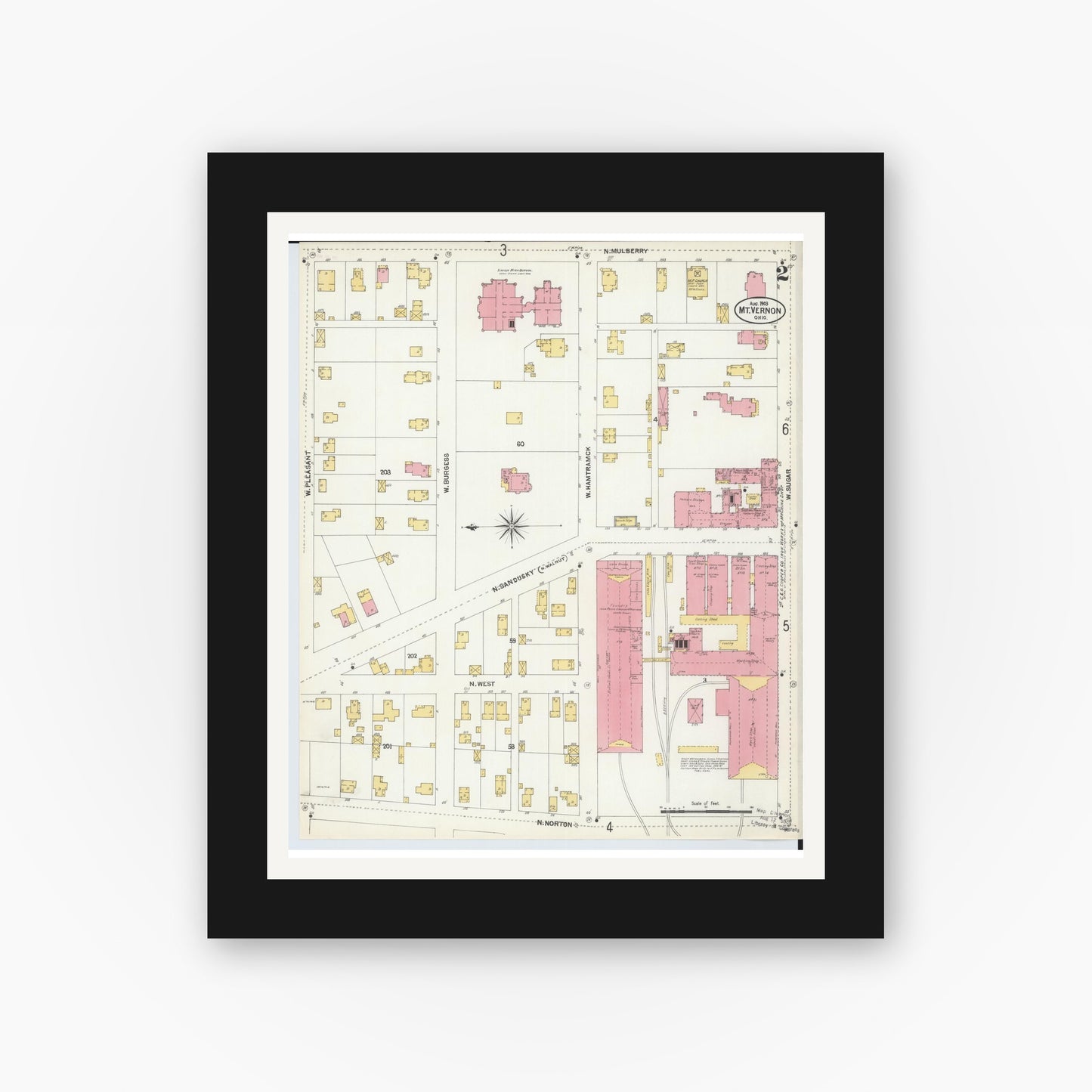 Old map wall art mockup — black gallery frame with white mat — Sanborn Fire Insurance Map from Mount Vernon, Knox County, Ohio (1903), Sheet #0002