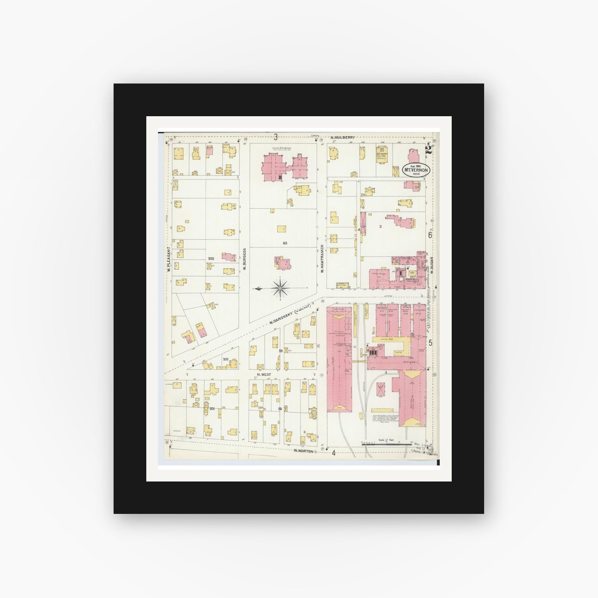 Old map wall art mockup — black gallery frame with white mat — Sanborn Fire Insurance Map from Mount Vernon, Knox County, Ohio (1903), Sheet #0002