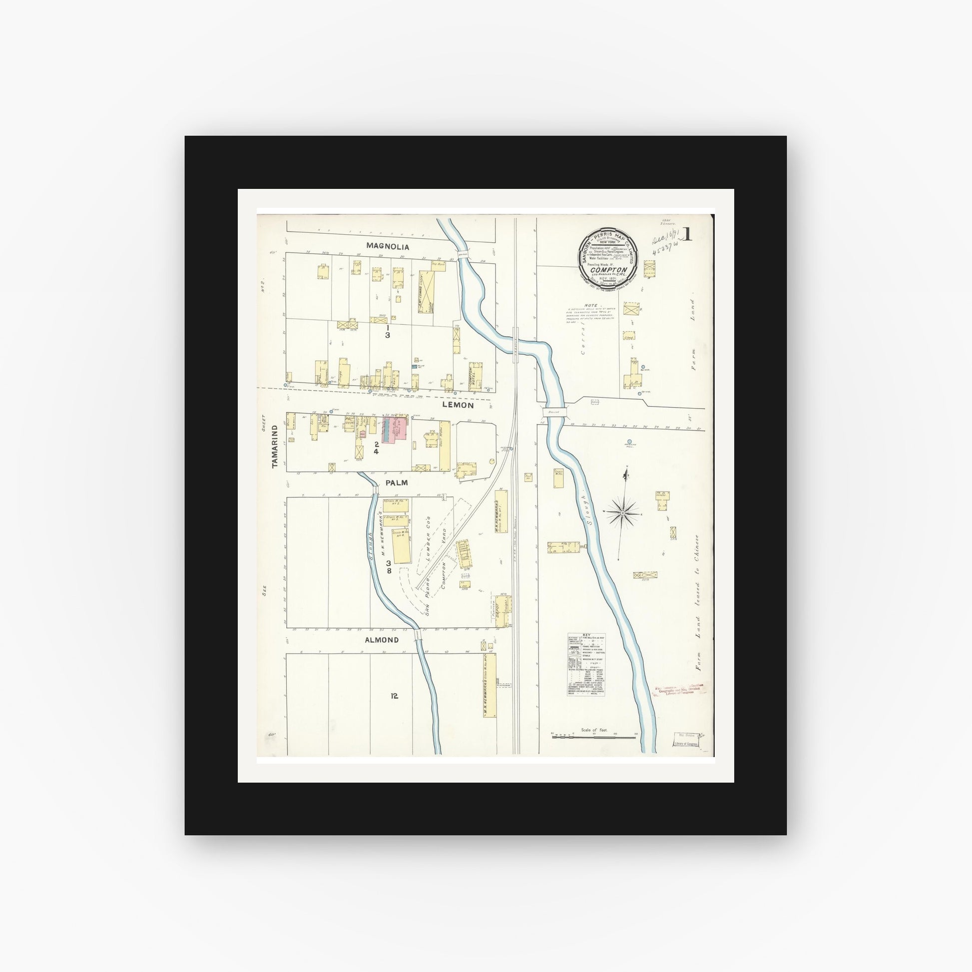 Old map wall art mockup — black gallery frame with white mat — Sanborn Fire Insurance Map from Compton, Los Angeles County, California (1891) - Complete Map Set