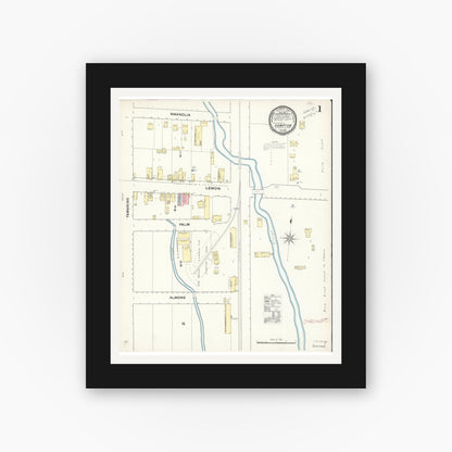 Old map wall art mockup — black gallery frame with white mat — Sanborn Fire Insurance Map from Compton, Los Angeles County, California (1891) - Complete Map Set