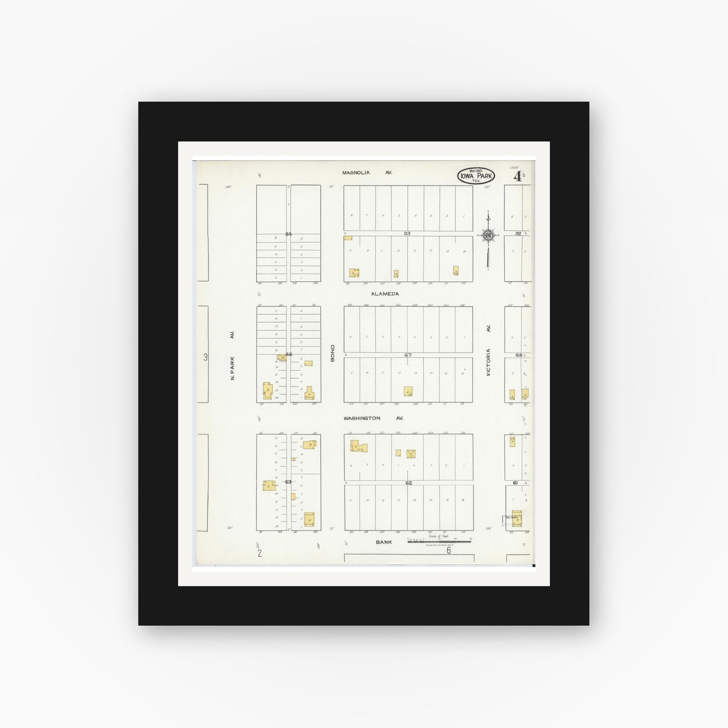 Old map wall art mockup — black gallery frame with white mat — Sanborn Fire Insurance Map from Iowa Park, Wichita County, Texas (1921), Sheet #0004
