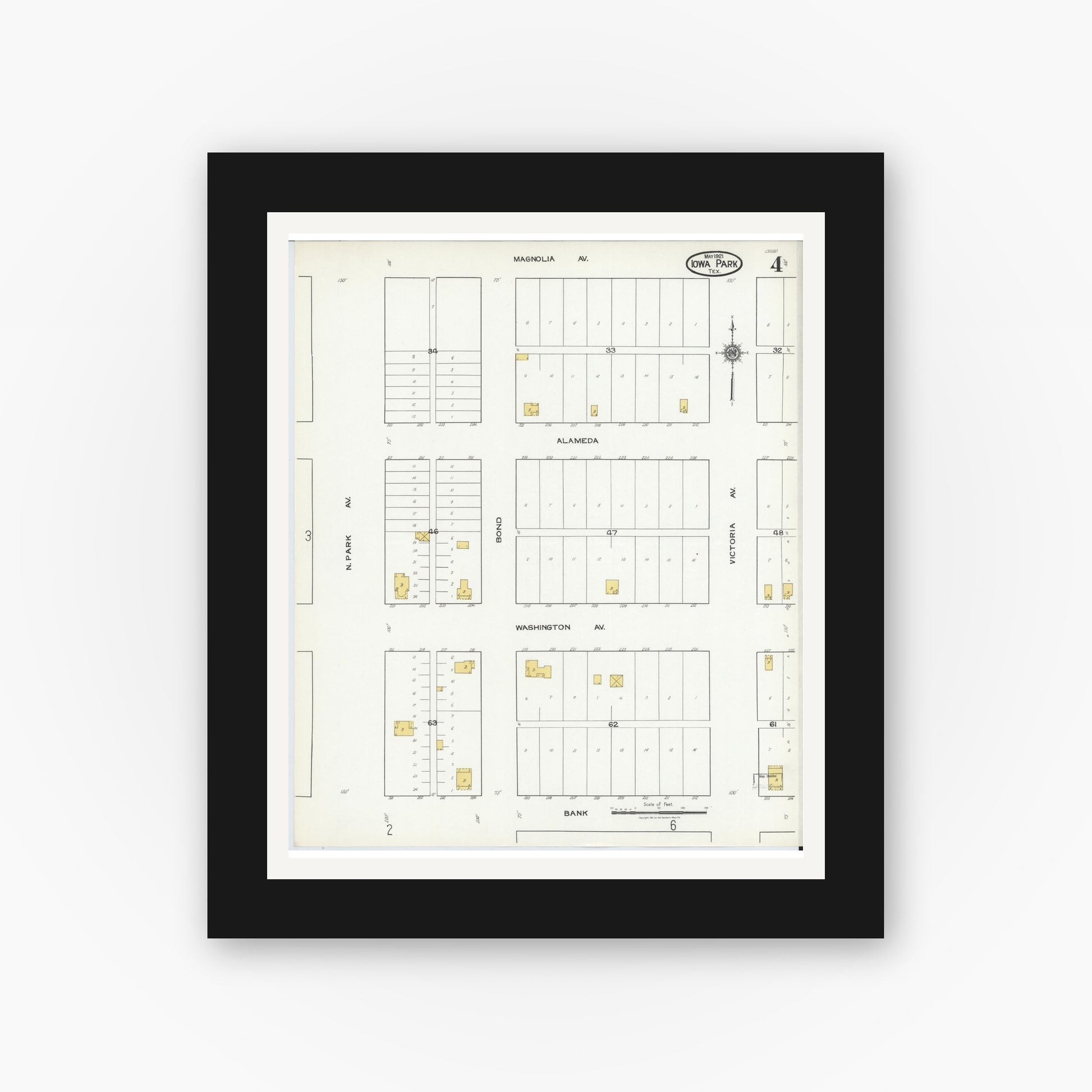Old map wall art mockup — black gallery frame with white mat — Sanborn Fire Insurance Map from Iowa Park, Wichita County, Texas (1921), Sheet #0004